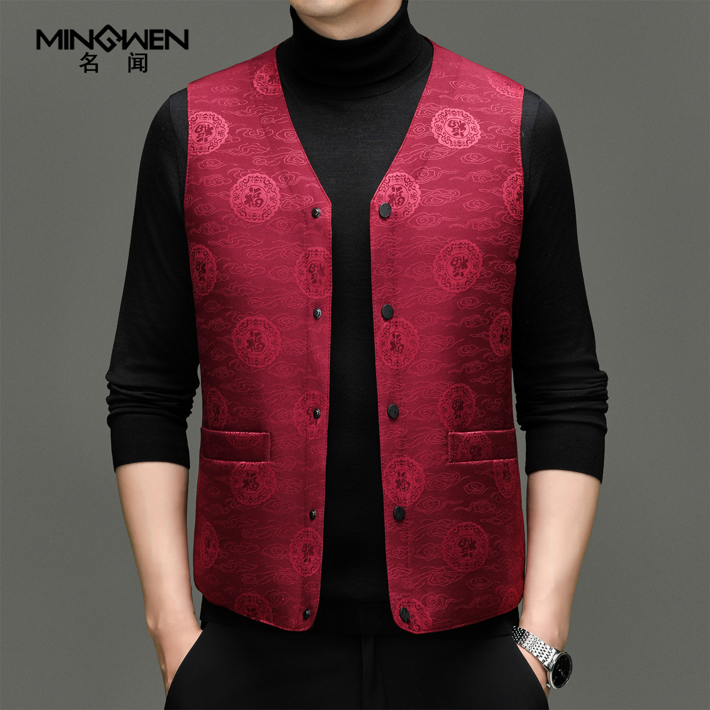 中国风福字提花v领羽绒马甲