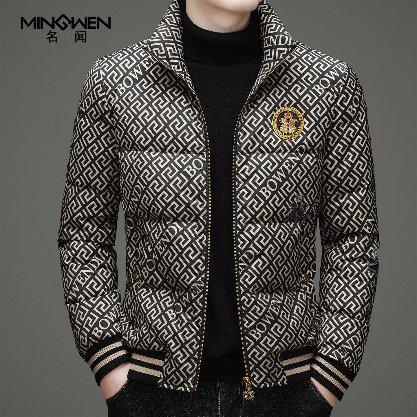 立领羽绒服男冬季加厚短款时尚潮流高级感帅气欧美风印花保暖外套