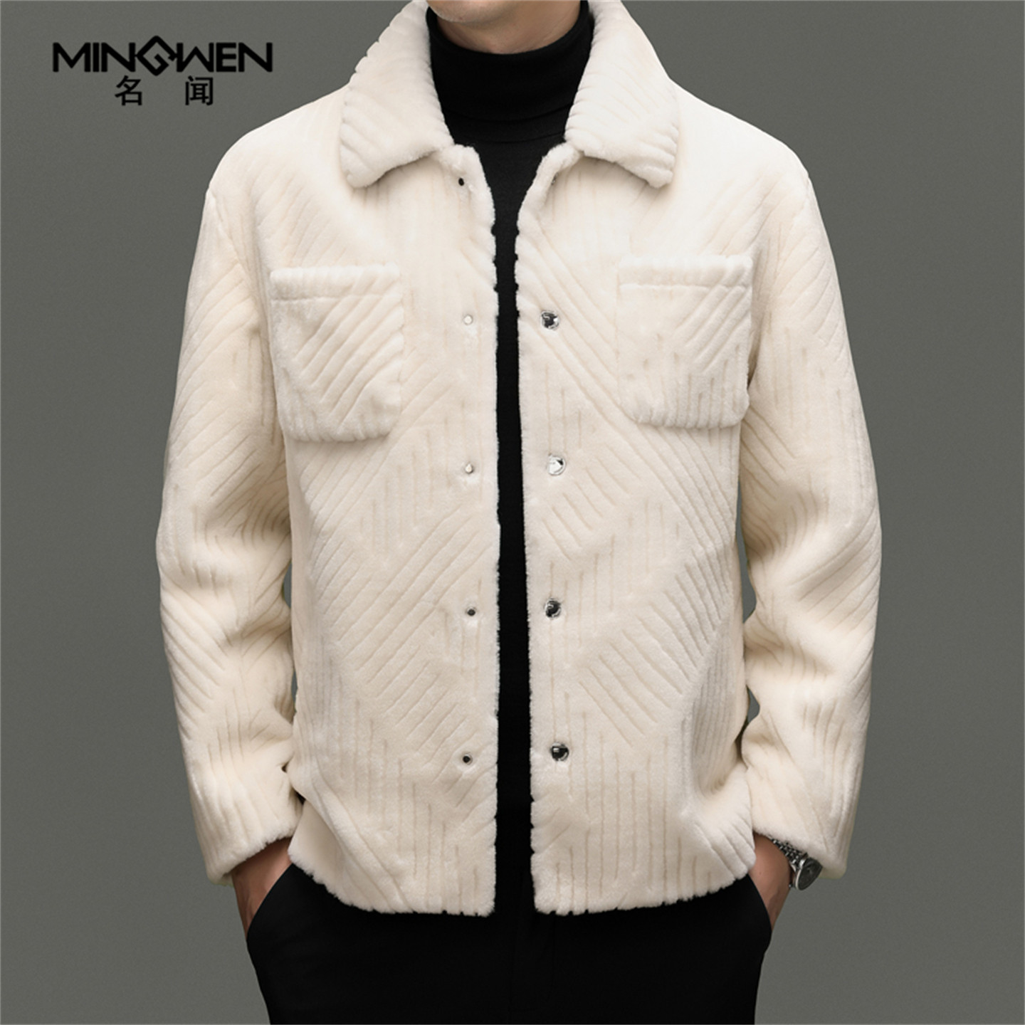 纯羊毛颗粒翻领夹克男冬季加厚时尚潮流高级感痞帅工装羊剪绒外套