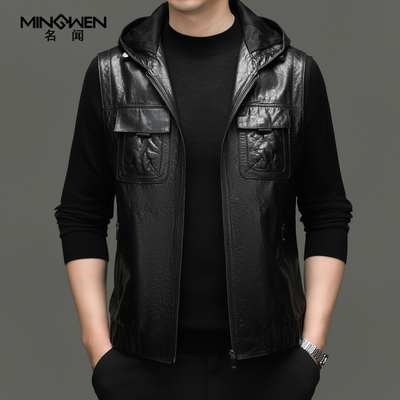 潮流连帽工装油蜡牛皮马甲外套