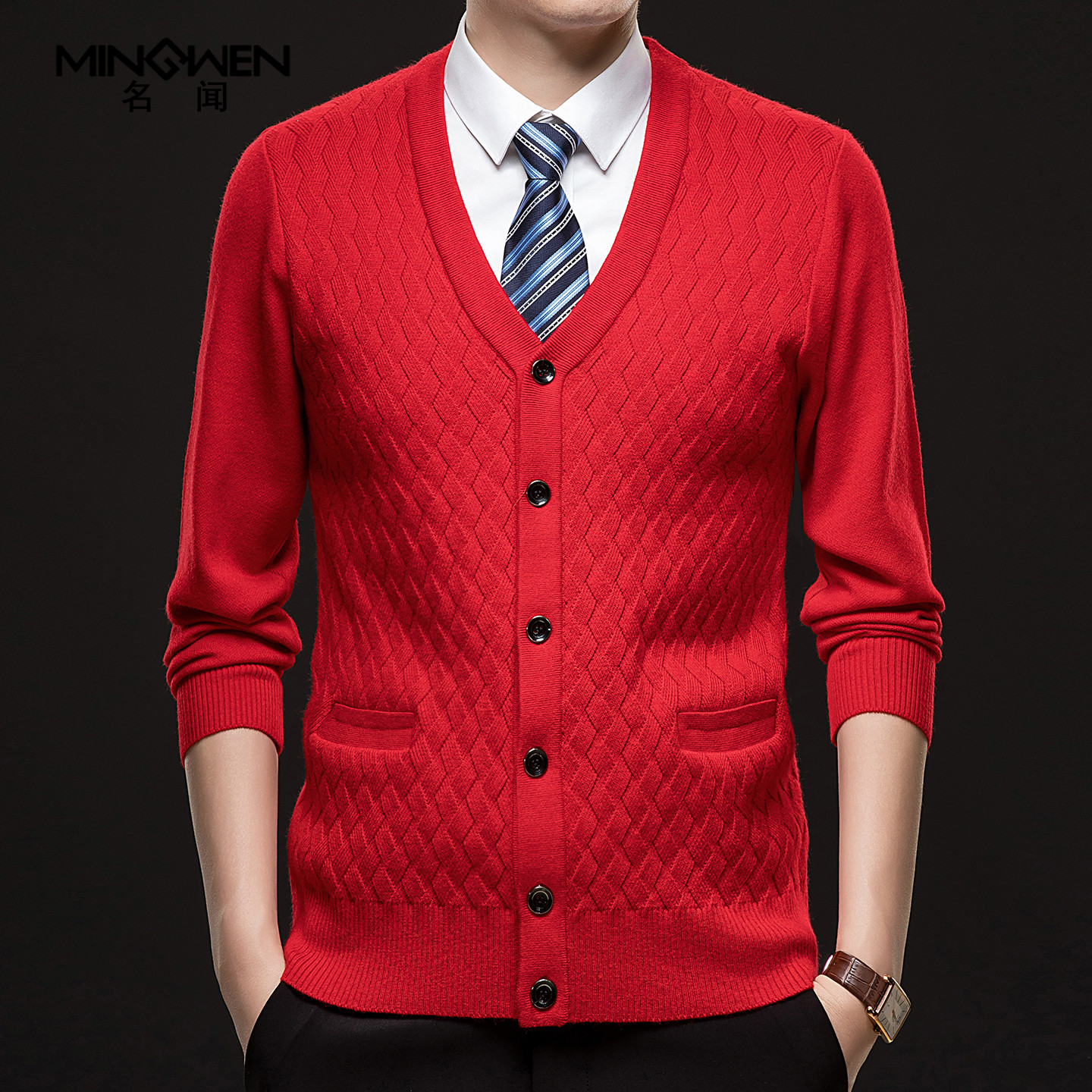 v领针织开衫男秋冬加厚保暖高级感提花宽松休闲中年爸爸线衫毛衣