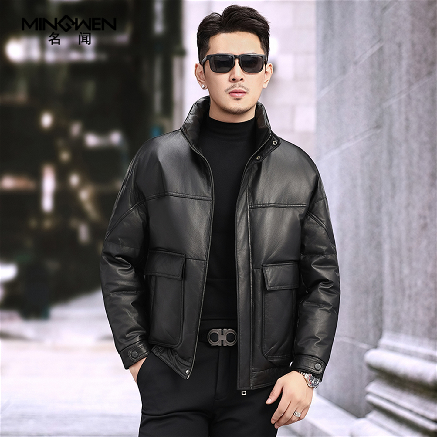 立领真皮皮衣男冬加厚时尚潮流高级感痞帅宽松头层牛皮羽绒服外套
