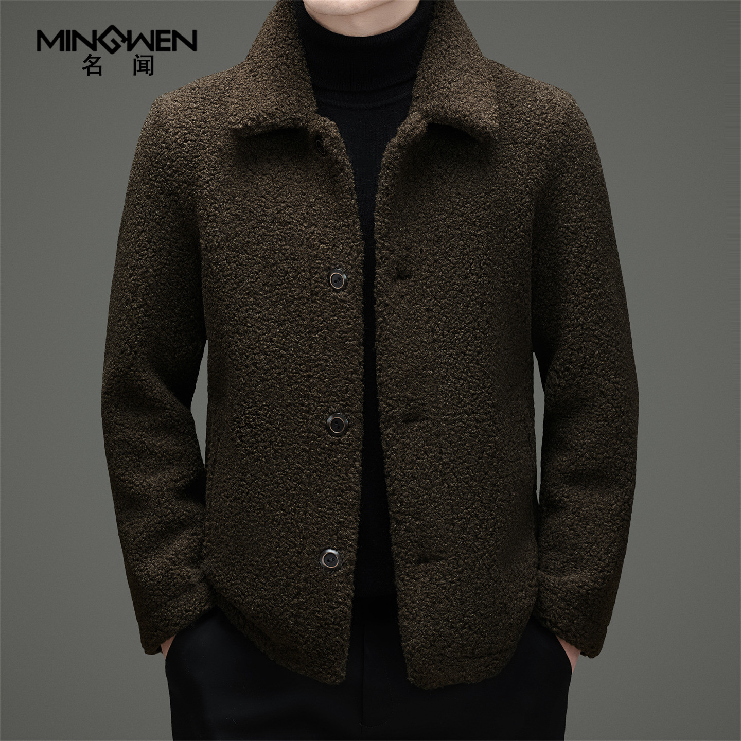 翻领含羊毛颗粒绒夹克男冬季加厚时尚高级感两面穿仿皮毛一体外套