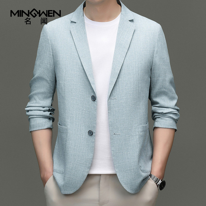 仿亚麻休闲西服男春夏季轻薄款时尚潮流帅气百搭西装单件上衣外套