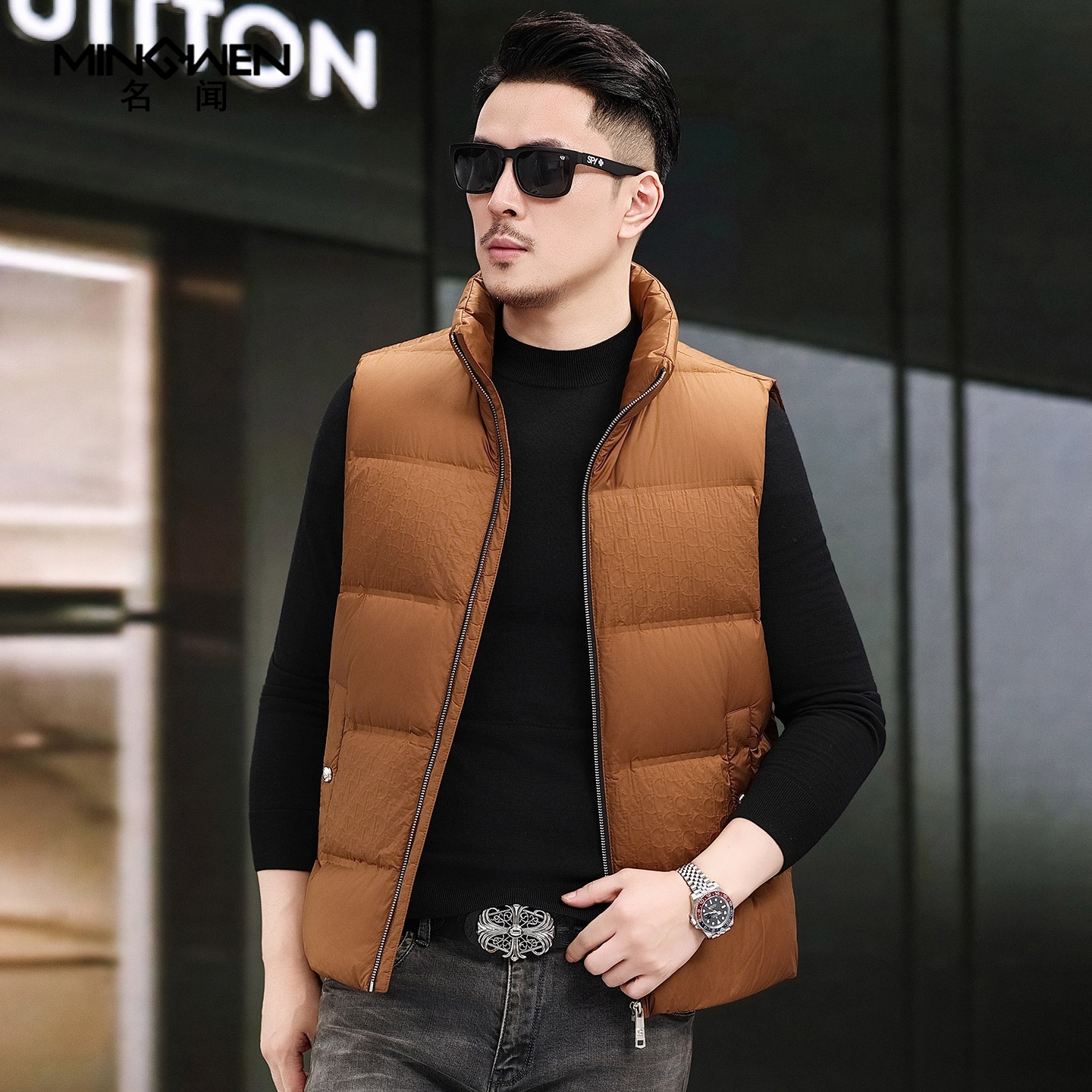 时尚休闲印花加厚立领羽绒马甲