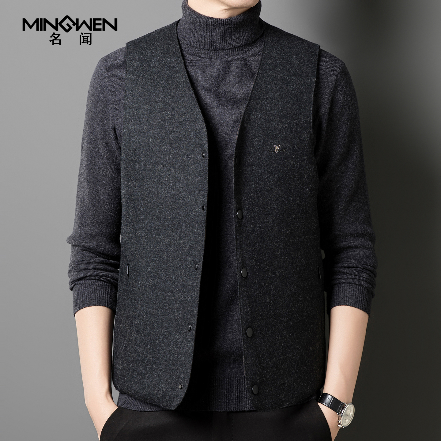 时尚休闲v领羊毛呢羽绒马甲