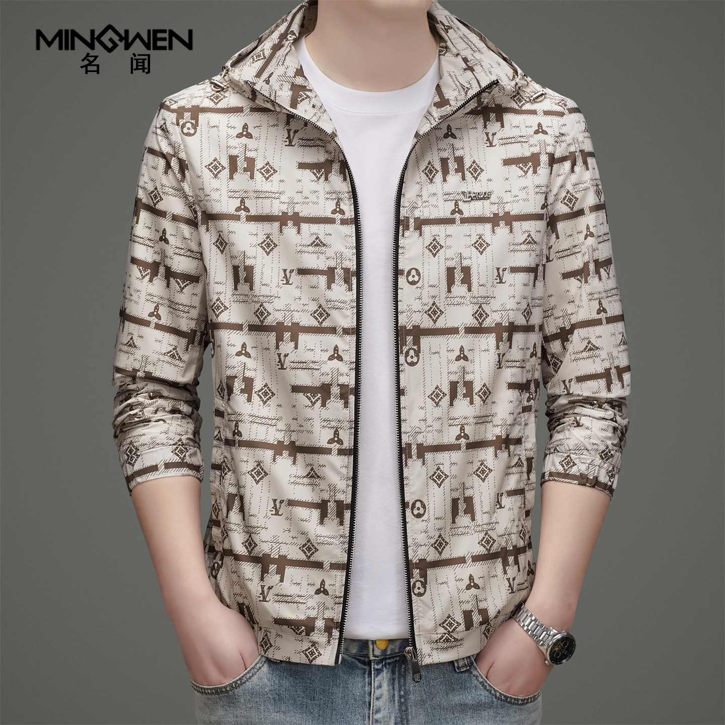 连帽夹克男春秋薄款时尚潮流高级感痞帅欧货美式印花宽松休闲外套