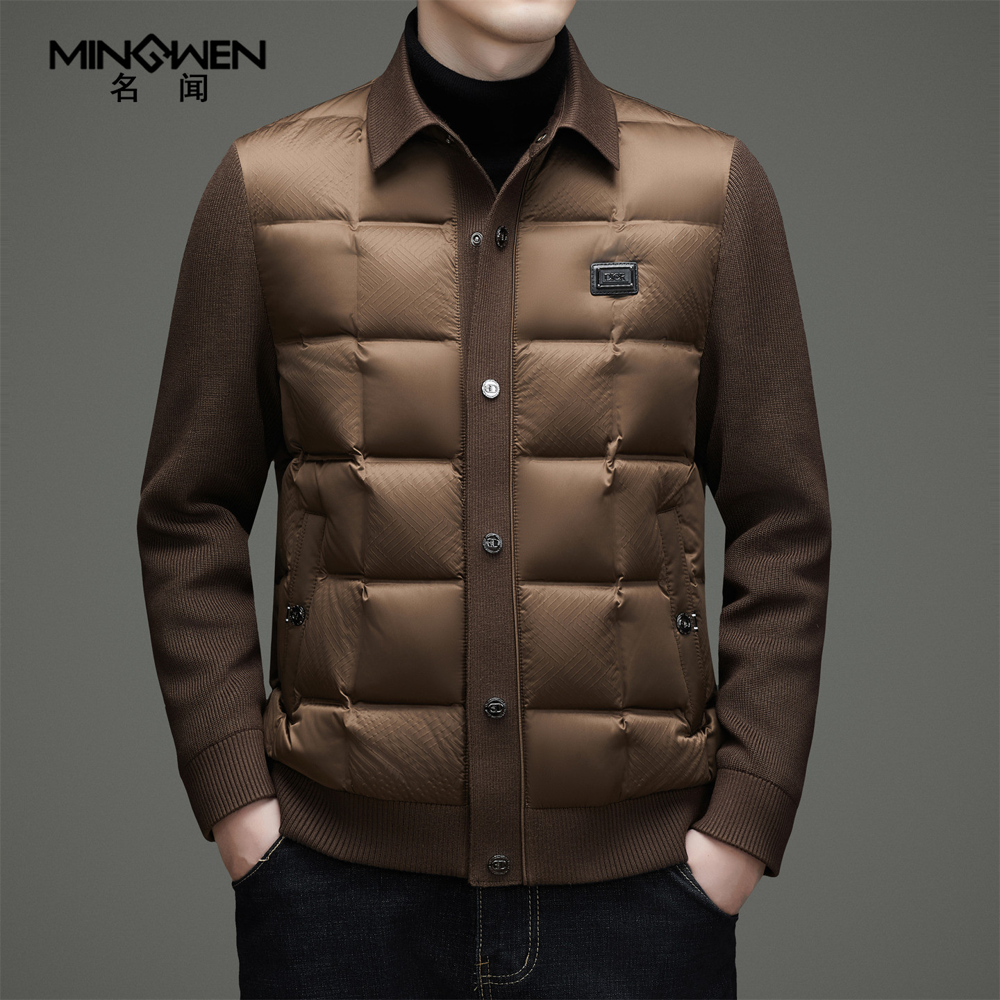 针织袖拼接翻领羽绒服