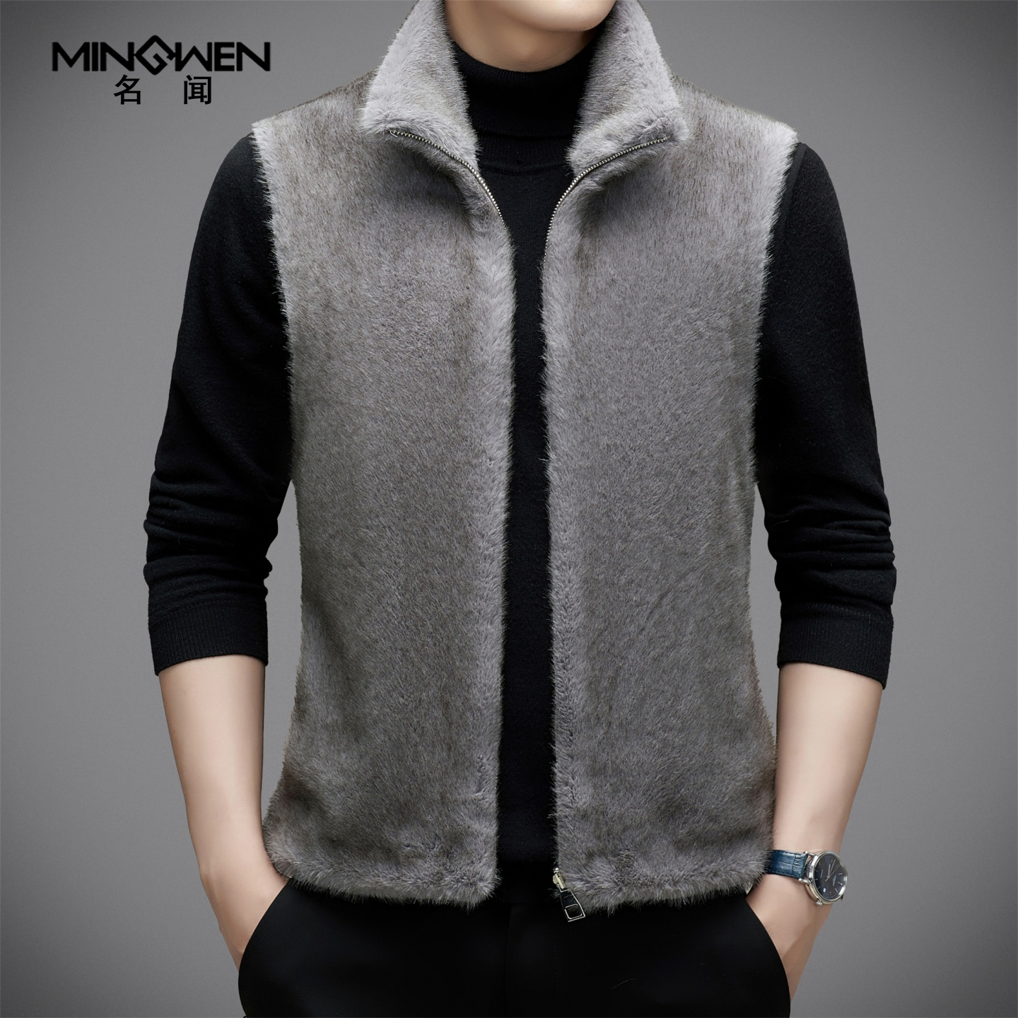 时尚休闲立领仿貂毛马甲外套