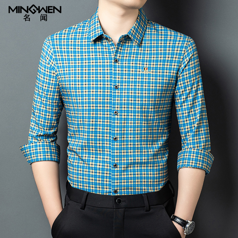 时尚休闲细格子撞色刺绣长袖衬衫