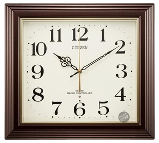 日本代购CITIZEN西铁城电波方形茶色挂钟4MY803-006