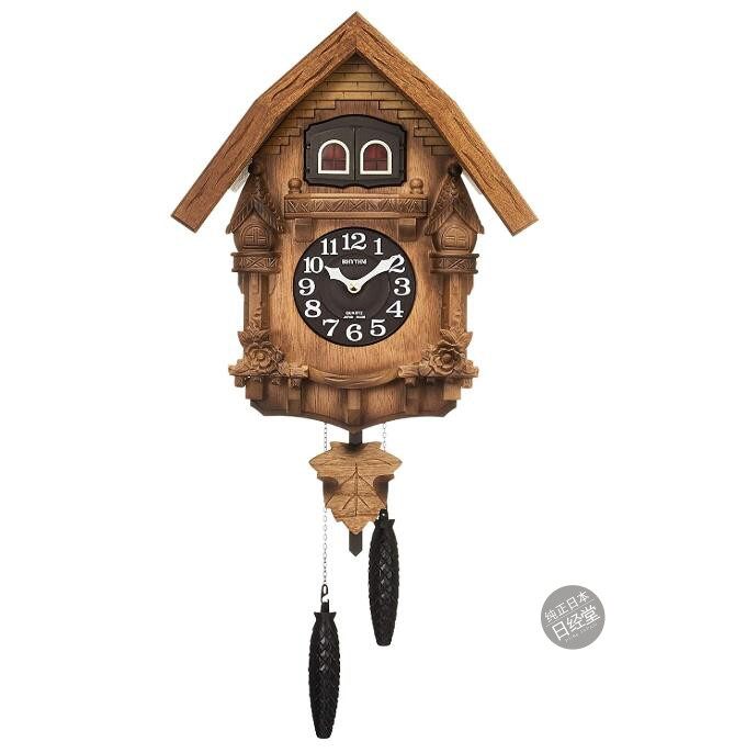 日本代购丽声rhythm钟表茶色布谷鸟挂钟音乐报时挂钟