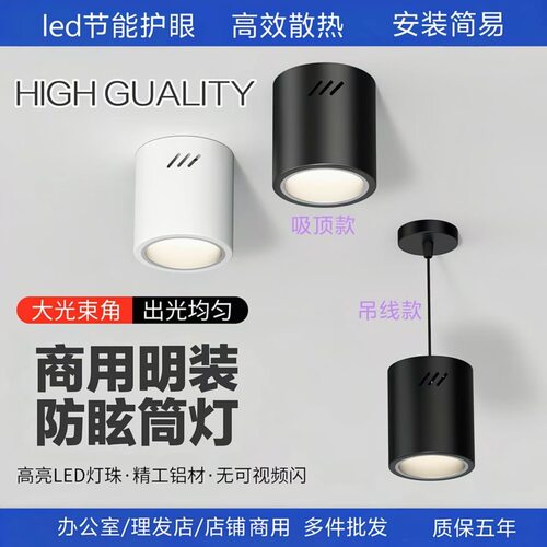 明装筒灯4寸5寸6寸8寸led吸顶桶灯格栅圆形洗车行健身房食堂吊灯