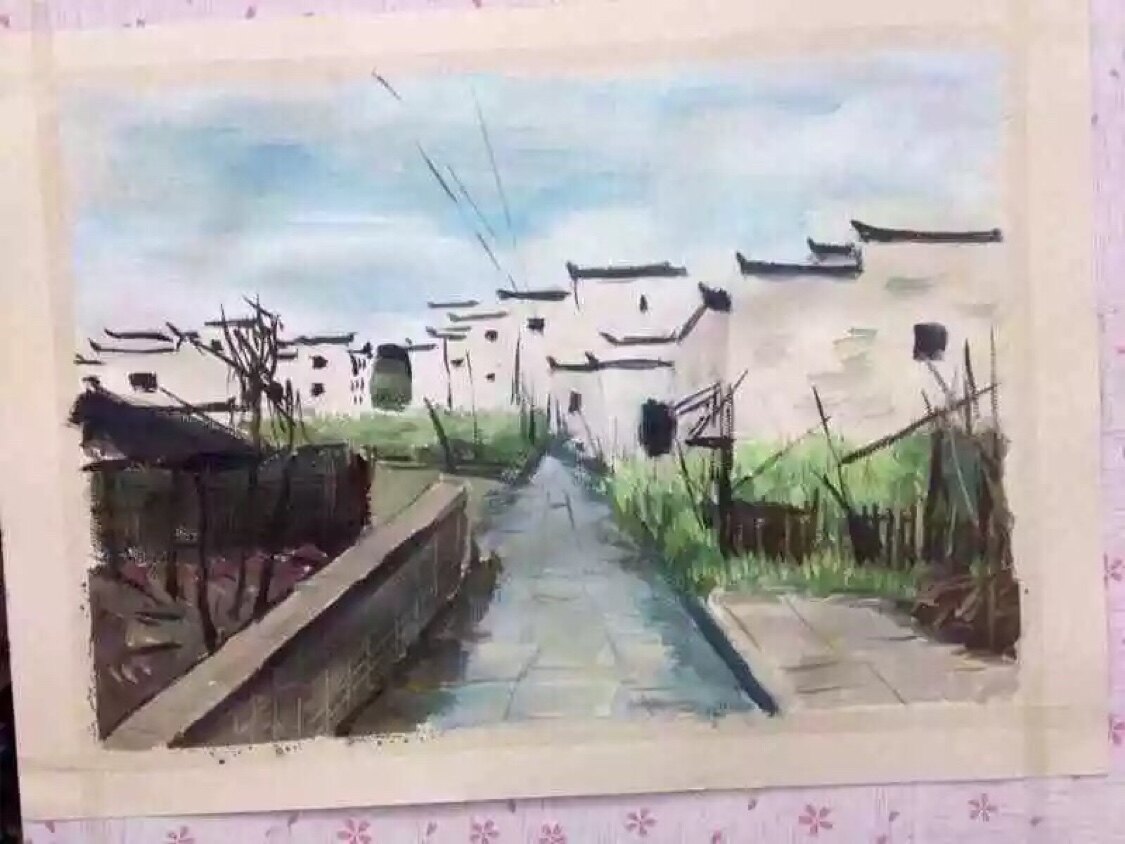 手绘风景色彩代画古镇婺源水粉写生速写水粉包邮水粉画古镇 代画
