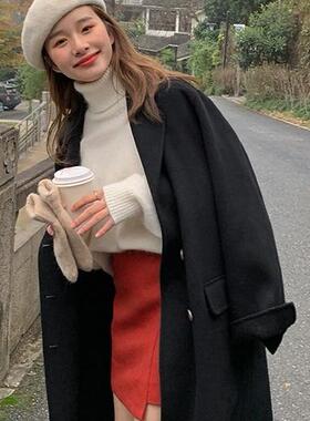 黑色双面羊绒大衣女2024新小个子高级感冬季韩系羊毛外套长款