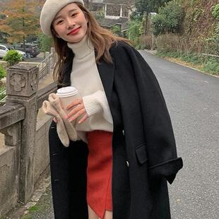 黑色双面羊绒大衣女2024新小个子高级感冬季韩系羊毛外套长款