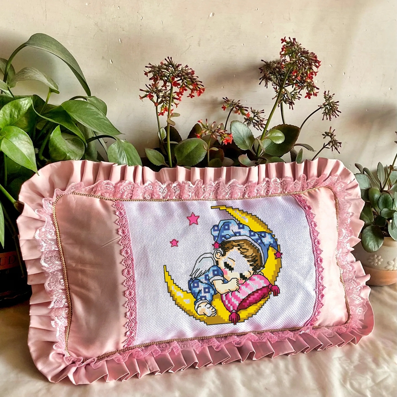 月亮天使宝宝印花十字绣小孩枕头套件 30*50CM自己手工绣卡通人物