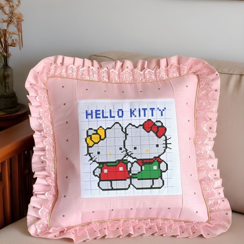卡通动物情侣套件十字绣印图长抱枕自己手工绣凯蒂猫KT设计订做