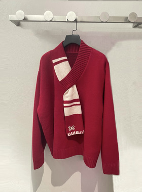 跨年年味25秋冬新款美利奴羊毛围巾设计V领针织衫红色毛衣女