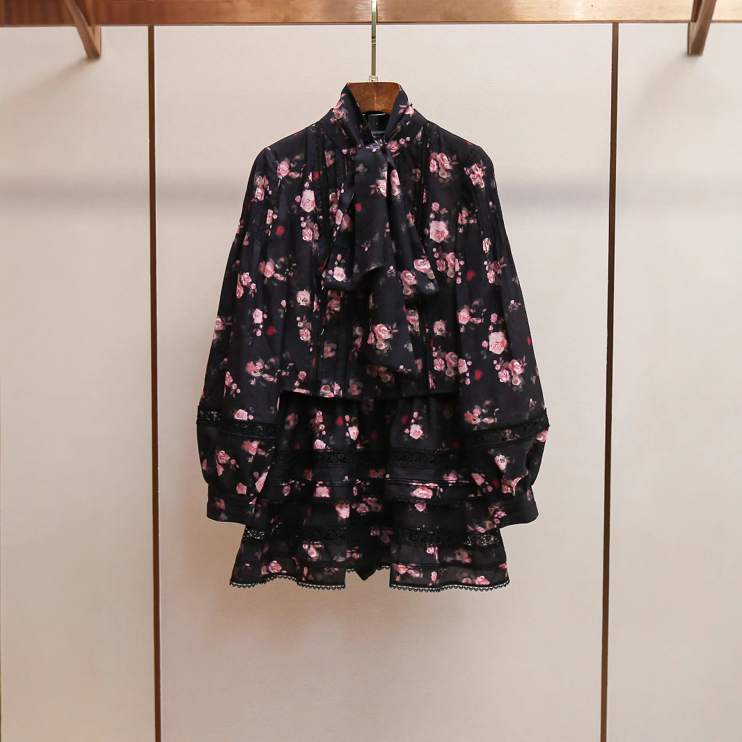 高端女装新款法式复古浪漫印花套装系带短款衬衫+半身裙