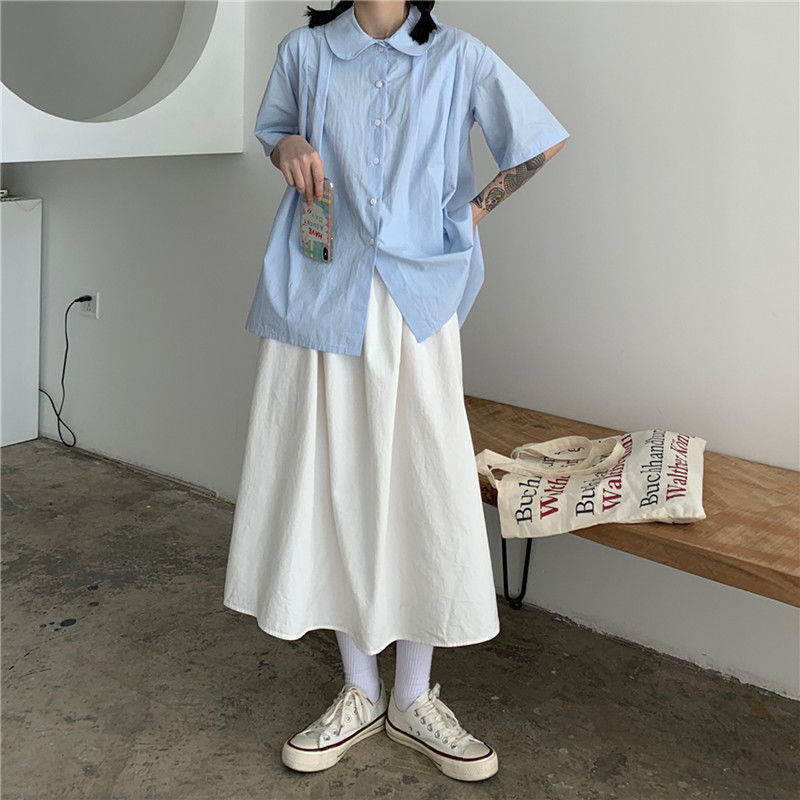 纯棉工装裙女胖mm大码2022夏季学生文艺复古高腰中长款a字半身裙