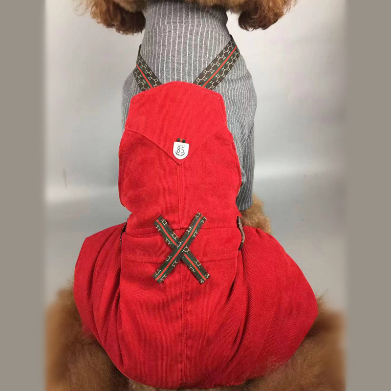 手工定制-哈尼原创设计 巨贵古牧中大型犬狗狗大红色灯芯绒背带裤