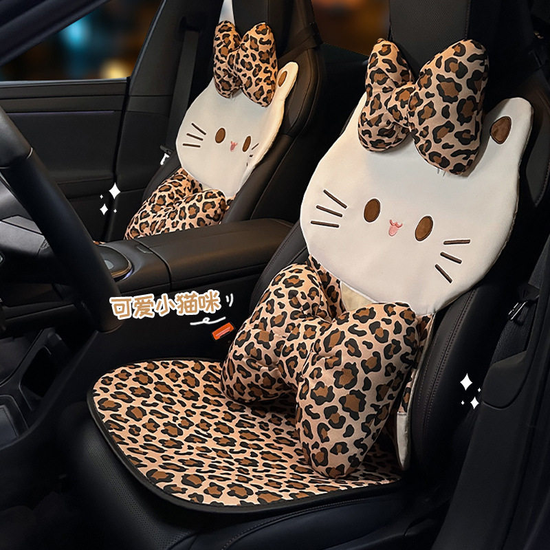蓝雨2026新款汽车坐垫豹纹猫咪四季通用亚麻透气舒适车载座套