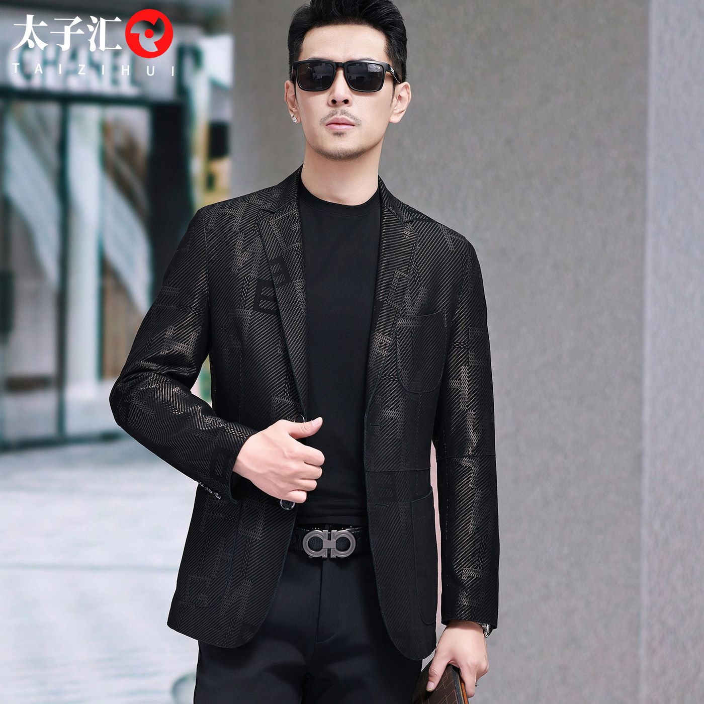 休闲绵羊皮男修身皮衣西服外套