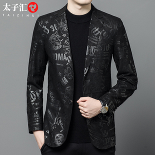 潮牌西装 休闲绵羊皮修身 皮衣外套上衣服海宁真皮西服夹克新款 男士