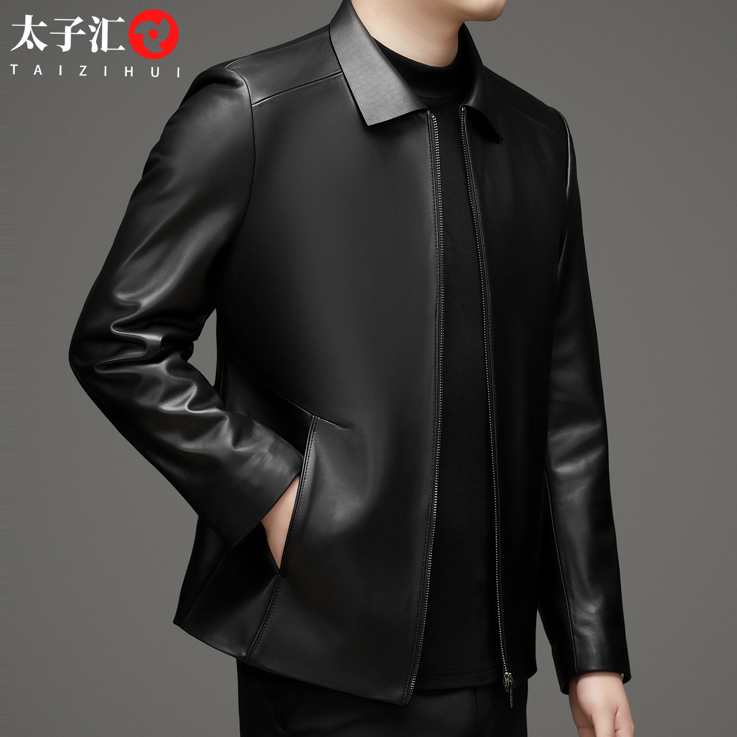 绵羊皮男士皮衣高档翻领宽松海宁真皮夹克外套春秋季商务男装上衣