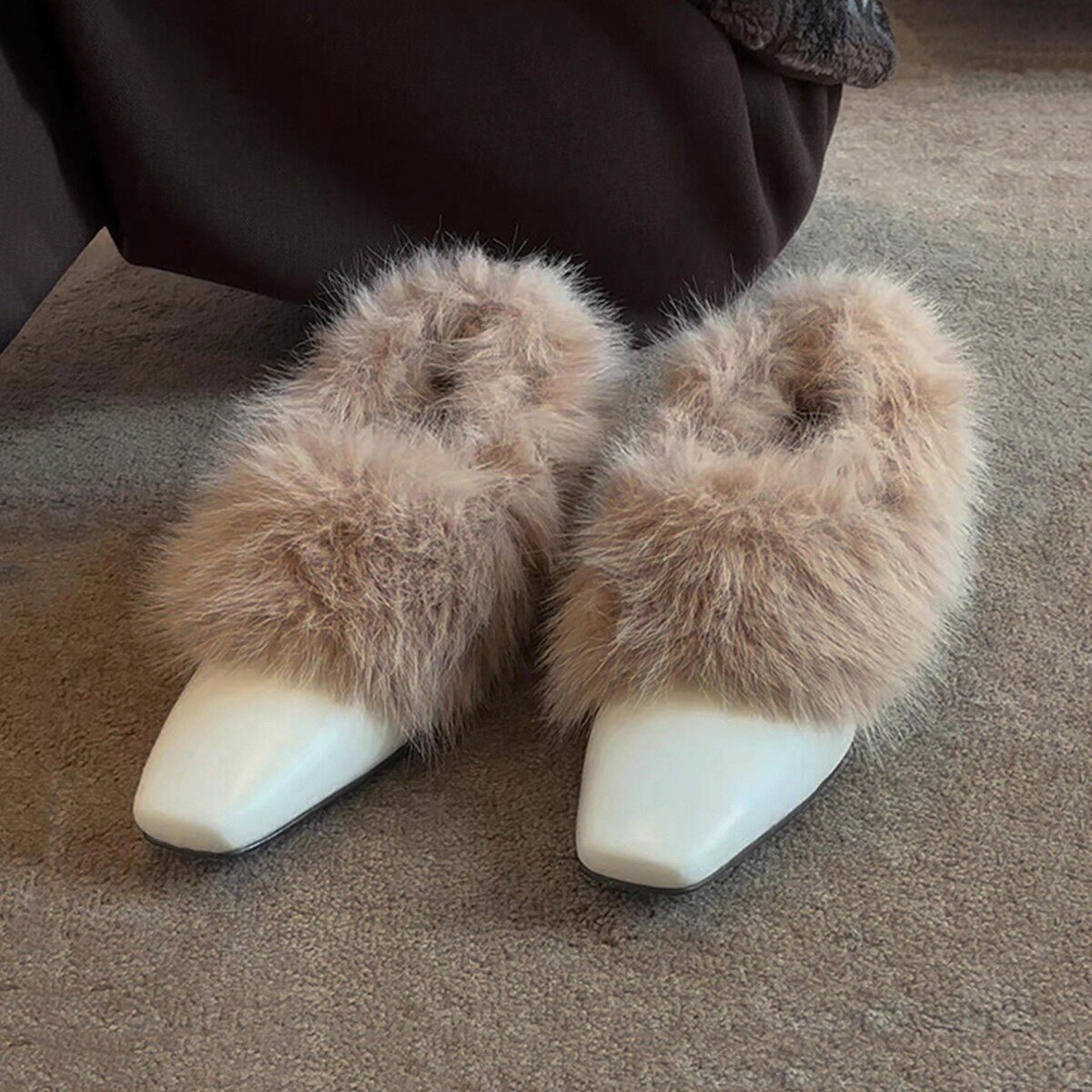 真皮法式温柔小众毛毛鞋加绒单鞋