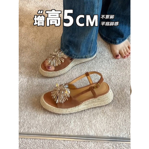 复古水钻烟花草编坡跟外穿凉鞋女