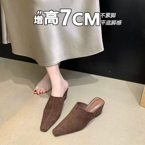 复古坡跟外穿高跟穆勒包头半拖鞋