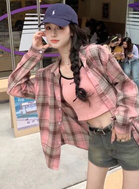 港风复古格子衬衫女2024