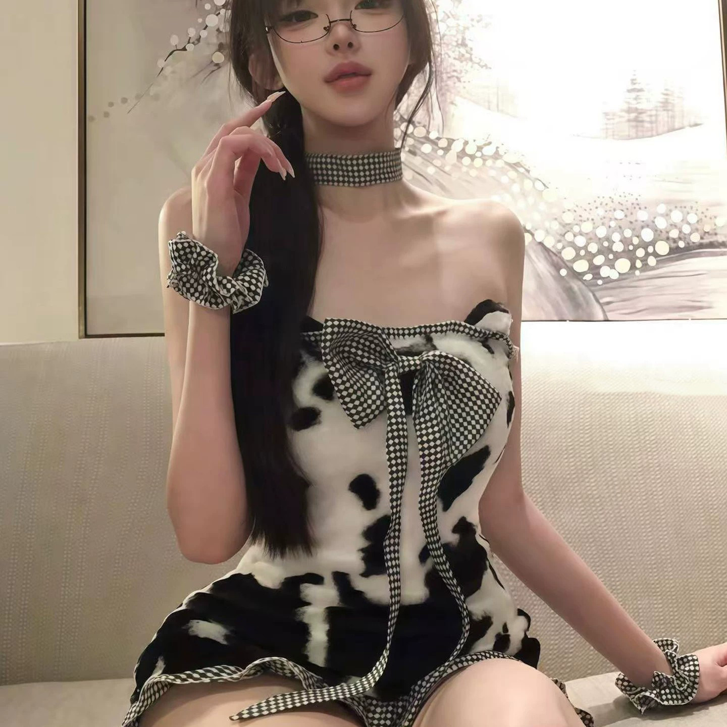 情q性感内衣纯欲系奶牛豹纹一字领抹胸包臀制服情侣约会免脱战袍