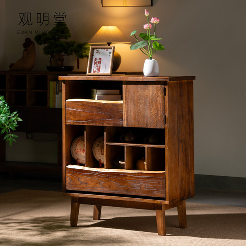 侘寂风柜子实木茶室边柜茶叶杯架民宿收纳储物柜复古风餐边柜博古