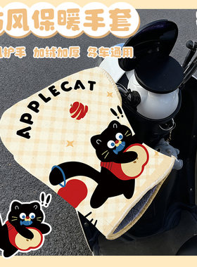 苹果黑猫冬天专用电瓶摩托车手套防风保暖电动车手套加绒加厚防水