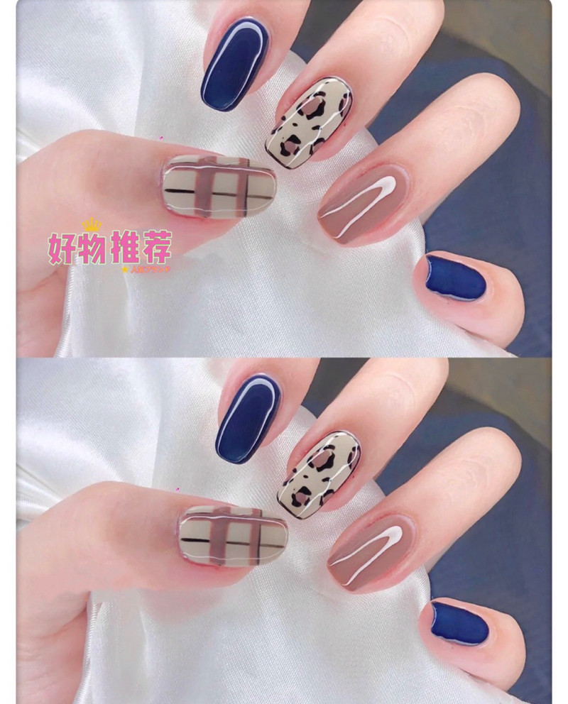 秋冬格子奶茶深海蓝配色温柔显白穿戴美甲成品贴片假指甲甲片防水
