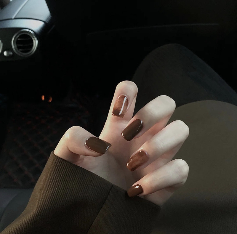 秋冬琥珀咖啡巧克力色酷超a蹦迪穿戴美甲成品贴片假指甲甲片防水