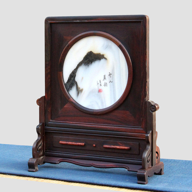 红木大红酸枝镶大理石中式台屏实木中堂家居古典屏风桌面摆件插屏