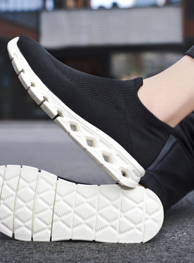 46大码一脚蹬套脚袜子鞋男女百搭休闲软底透气增高飞织轻便网面鞋