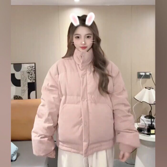 网图灯芯绒小个子简约高领羽绒棉服女冬时尚新款棉衣超好看面包服