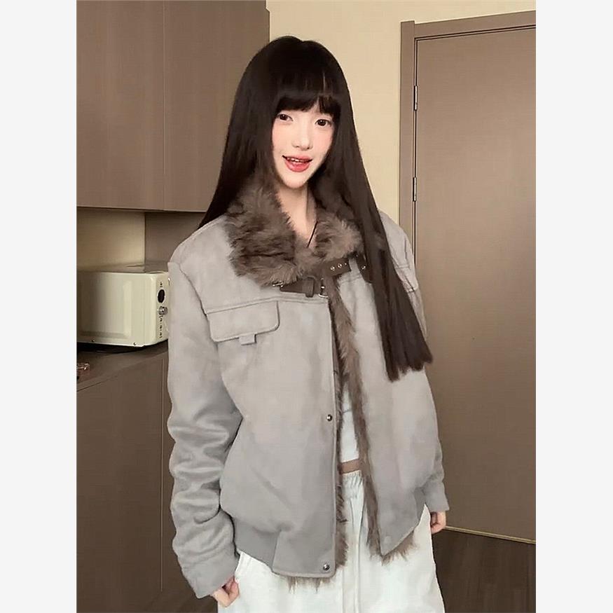 美式覆古羊羔毛翻领外套女秋冬季加绒加厚保暖情侣宽松鹿皮绒夹克