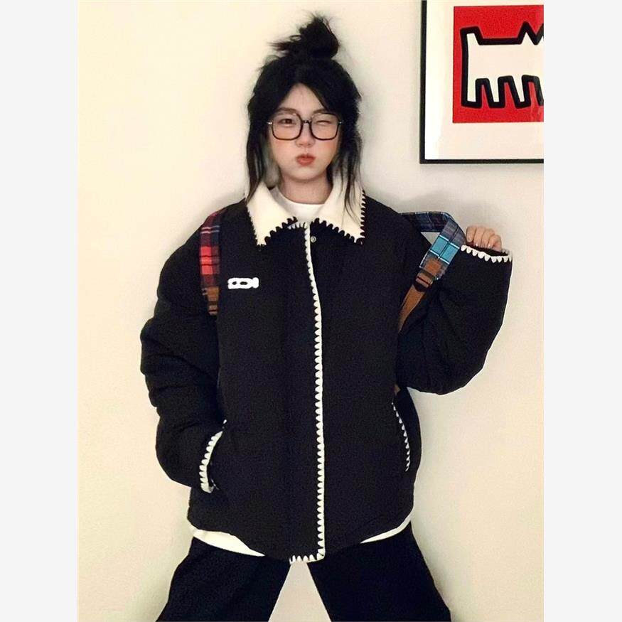 贝壳羊羔毛拼接短款羽绒棉服女2025冬季新款夹棉加厚棉衣棉袄外套