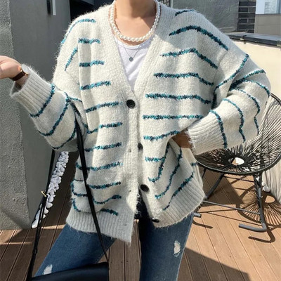 韩系V领条纹单排扣加厚毛衣外套女秋冬宽松慵懒风针织开衫