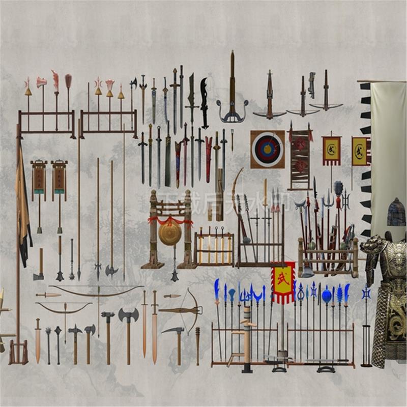 现代古代盔甲 弓箭 刀剑 武器 砍斧 茅 战旗 战鼓草图大师SU模型