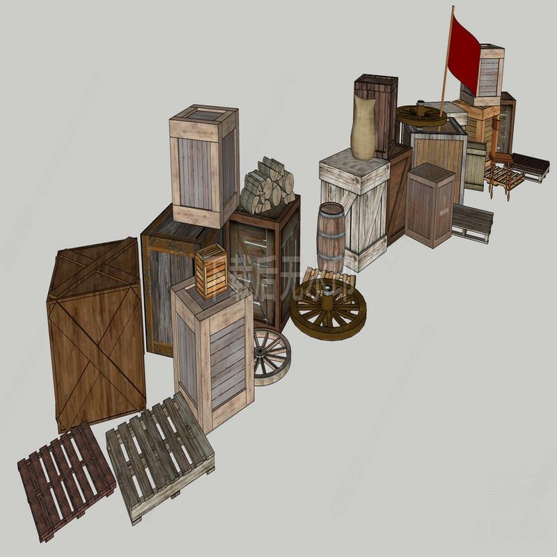 草图大师 SU模型 中式木箱木桶木车轮 木凳 木垫板红旗木柴麻袋