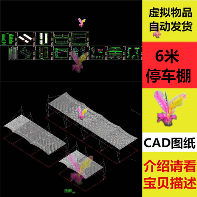 6米膜结构汽车停车棚施工 CAD图纸 汽车雨棚遮阳棚遮阳篷
