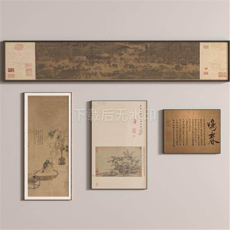 新中式挂画 复古挂画 装饰挂画 花瓶 挂画 墙饰草图大师SU模型