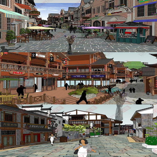 SU步行商业街法式古典中式现代建筑设计模型SketchUp草图大师模型